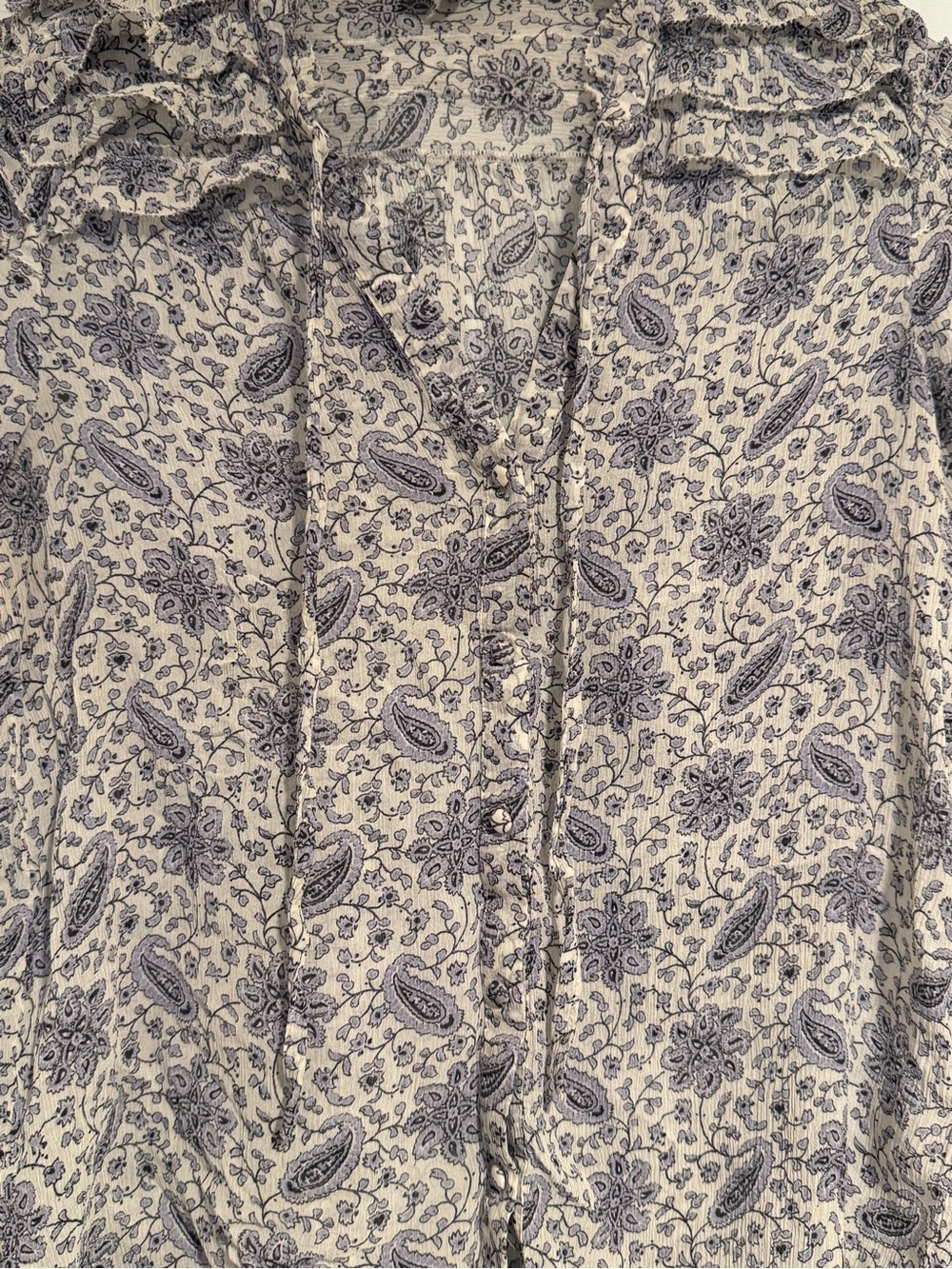 PAIGE Cream and Blue Paisley Ruffle-Trim Button-Down Shirt - Picture 3 of 8